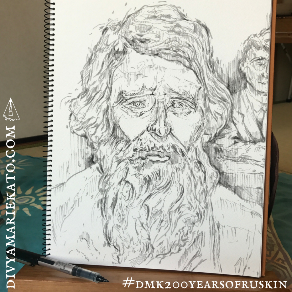 Divya Marie Kato, Portrait of Ruskin, Ink Pen. Drawn from Ruskin's statue, Ruskin Library Tokyo